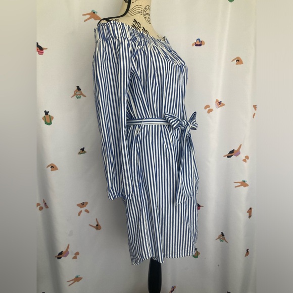 Blue and white striped off the shoulder dress, size M - Picture 2 of 4